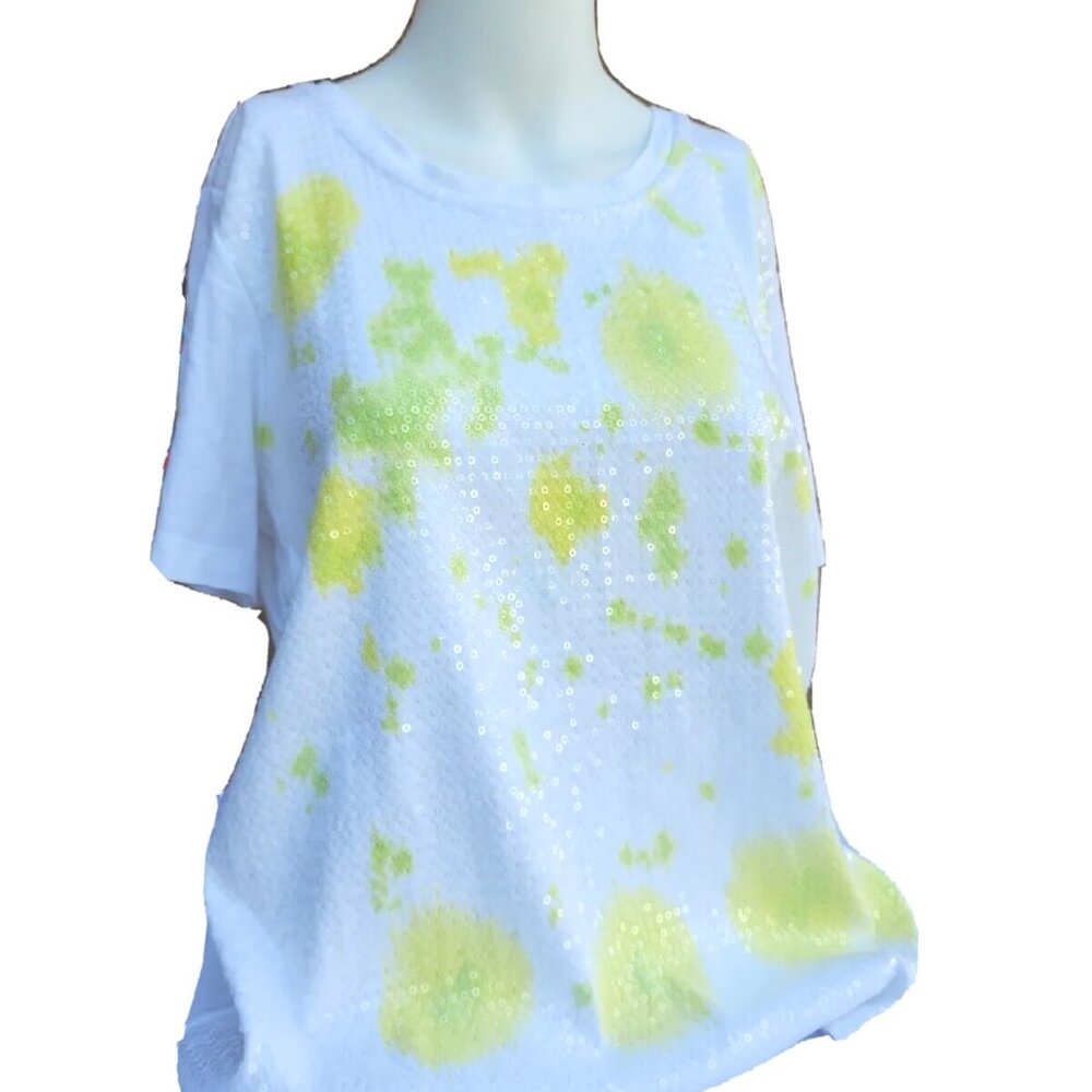 Christopher & Banks Artsy Neon Splash Print Sequined Front Short Sleeve Top Sz L